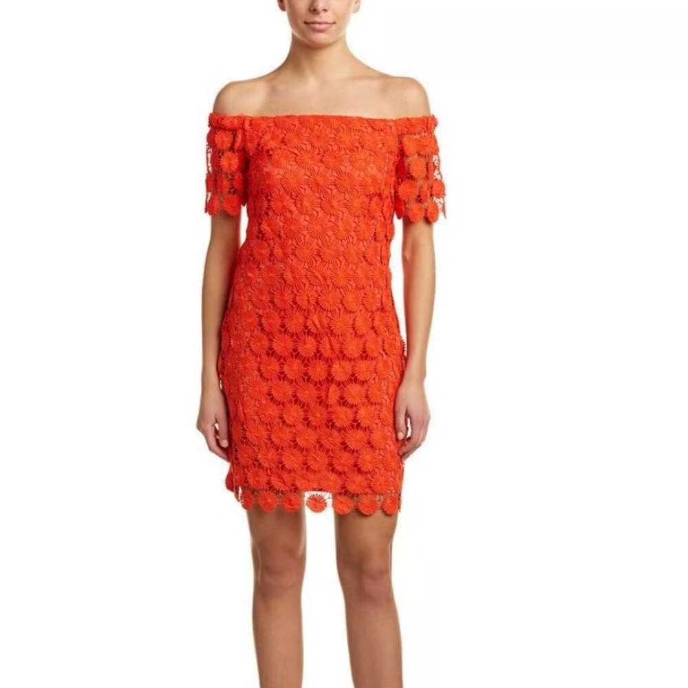 Trina Turk Orange Crochet Bardot Dress Resortwear Vacation
